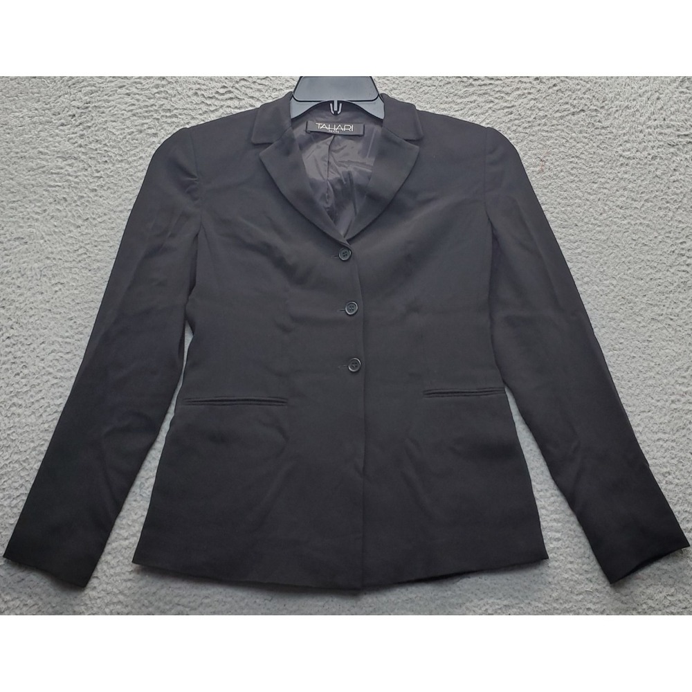 Tahari Blazer Jacket Womens Petite 2‎ Black Formal Notch Lapel Single Breasted